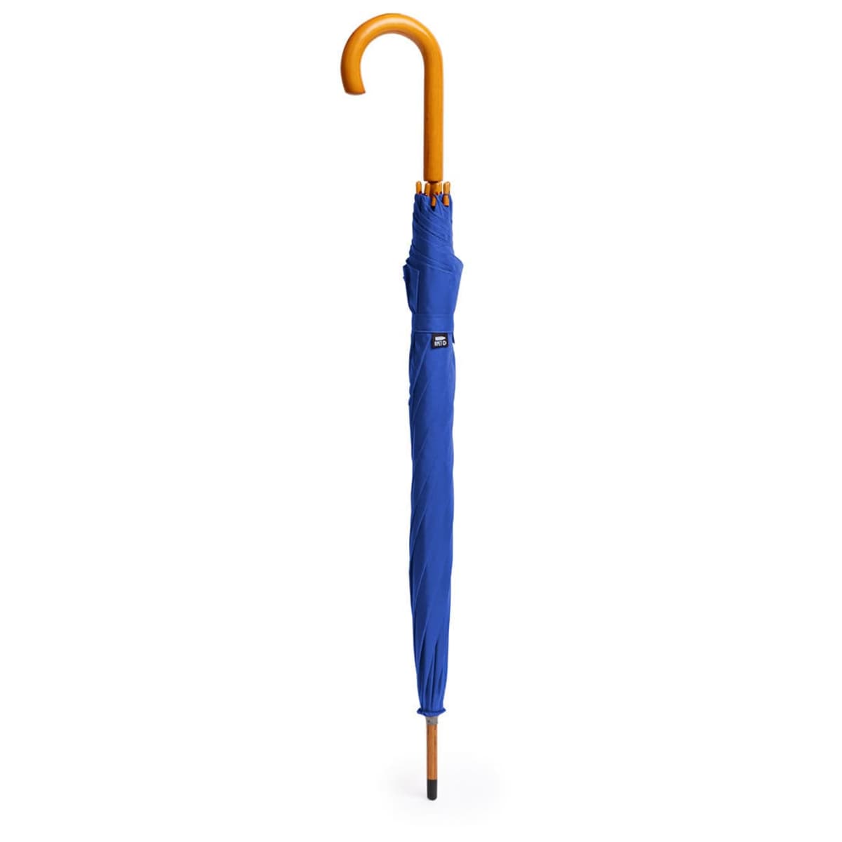 A closed blue umbrella with a wooden handle and tip stands upright against a white background.