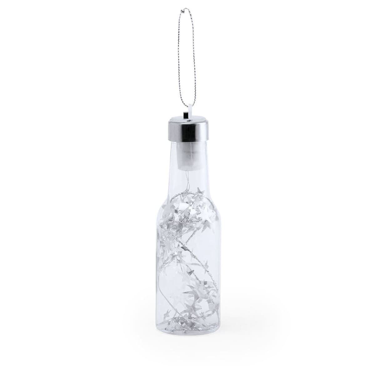 A transparent glass bottle with a silver cap is hanging from a delicate metal chain. Inside the bottle, a string of silver star-shaped decorations is visible. The background is plain white.
