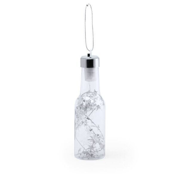A clear glass bottle with a silver cap, containing a string of white star-shaped lights. A wire loop is attached to the cap for hanging. The design is minimalist and elegant.