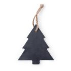 A black, slate Christmas tree-shaped ornament with a rough texture hangs from a loop of brown twine.