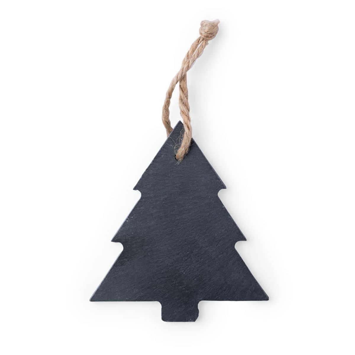 A black, slate Christmas tree-shaped ornament with a rough texture hangs from a loop of brown twine.