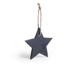 A black star-shaped ornament made of slate with a small hole at the top. It hangs from a simple brown twine loop, set against a white background.