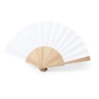 A white paper hand fan with wooden ribs partially opened, displayed against a plain white background. The fans wooden handle and structure are visible, highlighting its simple and elegant design.