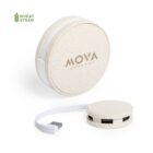 Round beige USB hub with MOVA alphabet text on top, made from wheat straw material. Features multiple USB ports and a short white USB cable connected to it. A Wheat Straw logo is in the top left corner.