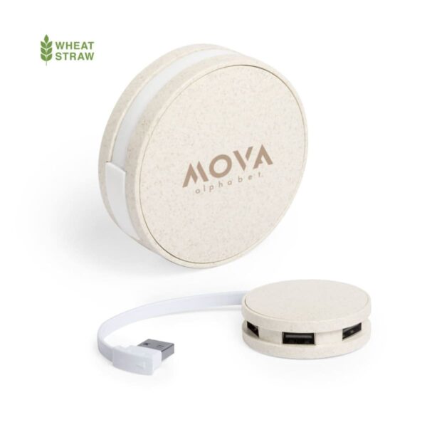 A round, beige wheat straw USB hub with the brand name MOVA on top. It includes three USB ports and a detachable USB cable. A small Wheat Straw logo is displayed in the corner, indicating eco-friendly materials.