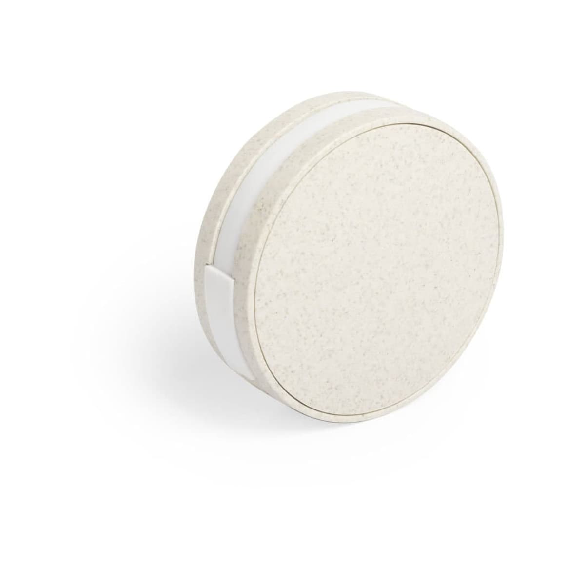 A round, beige, stone-like wireless charger with a smooth texture and a white band around its middle, shown against a white background.