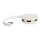 A round, beige USB hub with three ports and a short white cable ending in a USB plug.