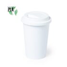 White, reusable plastic coffee cup with a lid, featuring a PLA leaf logo indicating eco-friendliness. The cup appears plain and is set against a white background.