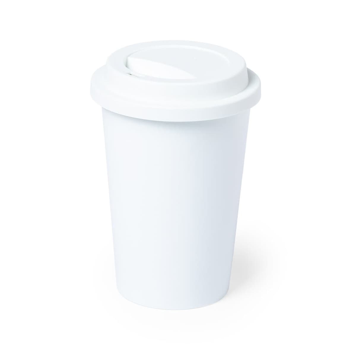 White reusable travel coffee cup with a lid, isolated on a white background.