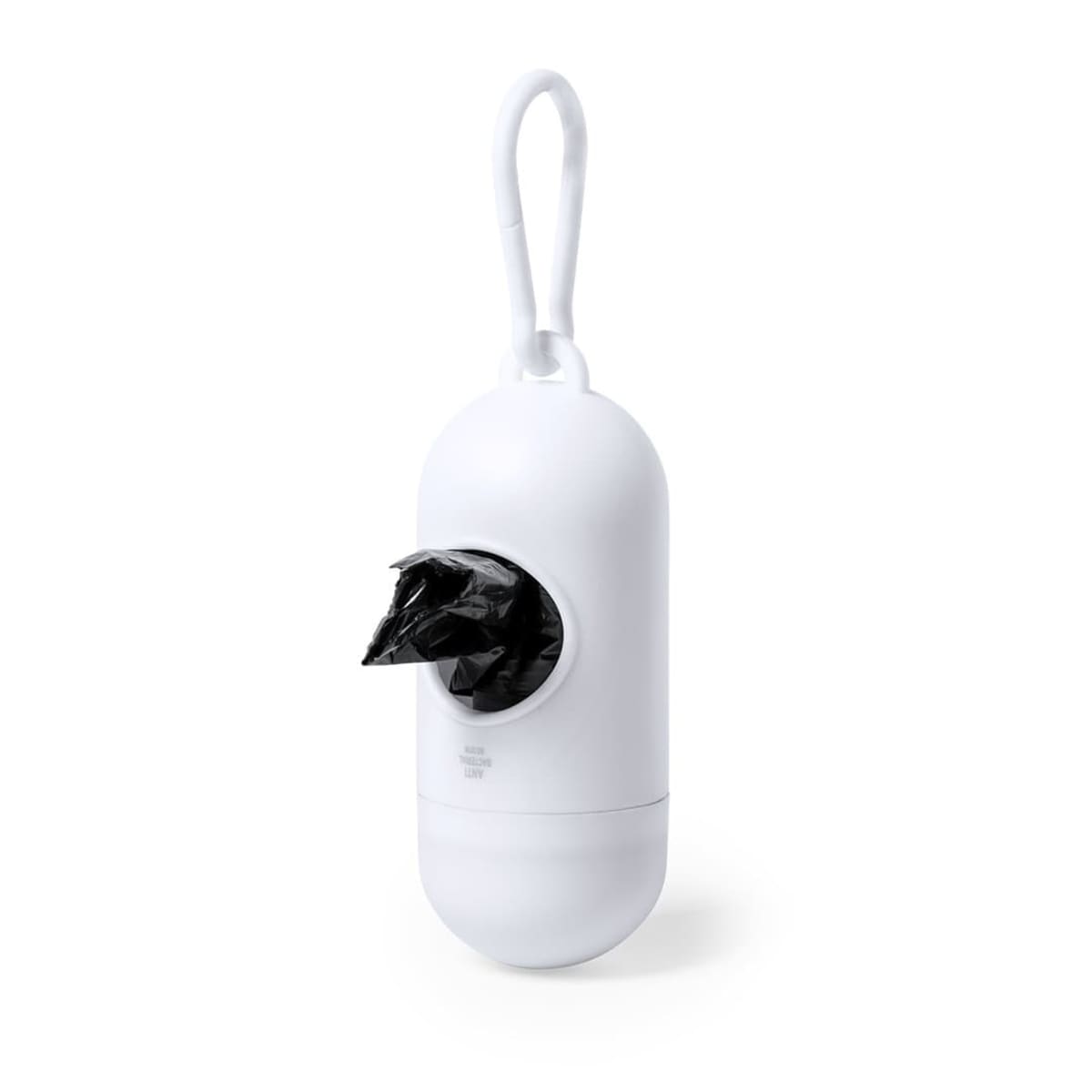 A white cylindrical holder with a carabiner clip dispenses black plastic bags. The holder has an opening from which a partially pulled-out bag is visible, designed for easy access and portability.