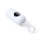 A small white cylindrical container with a clear window showing rolled bags inside. It features a snap hook for attachment, suggesting easy portability.