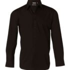 Black long-sleeve button-up shirt with a classic collar and a chest pocket, displayed against a white background.
