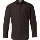 A long-sleeved, button-up shirt in solid dark brown. It has a pointed collar and a single chest pocket on the left side. The cuffs are buttoned, and the shirt appears to be made from a smooth fabric.