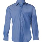 Blue long-sleeve button-up dress shirt with a collar and a chest pocket, displayed against a plain white background.
