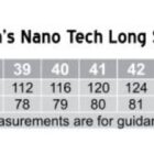 Size chart for Mens Nano Tech Long Sleeve Shirt, model M7002. Sizes range from 38 to 50. Chest measurements: 108-156 cm. Body length: 77-89 cm. Regular fit, measurements are for guidance only.