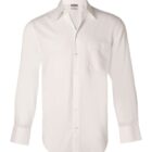 A white, long-sleeve dress shirt with a front pocket, a button-up design, and a classic collar. The shirt is neatly pressed and displayed against a plain background.