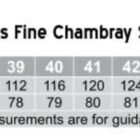 Size chart for a mens fine chambray short sleeve shirt. Sizes range from 38 to 50. Chest measurements: 108-156 cm. Body length: 77-89 cm. Indicates regular fit, note that measurements are for guidance only.