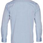 Rear view of a light blue long-sleeve button-up shirt with a classic collar. The shirt has buttoned cuffs and a straight back, showing fine stitching and a smooth fabric texture. No visible logos or patterns.