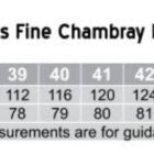 Sizing chart for Mens Fine Chambray Long Sleeve Shirt, model M7012. Sizes range from 38 to 50. Chest measurements: 108-156 cm, body length: 77-89 cm. Shirt is regular fit. Measurements are for guidance only.