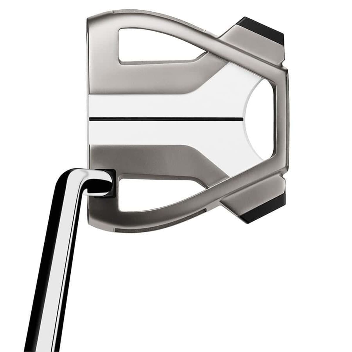 A top-down view of a modern, silver golf putter with an angular design and a black grip. The putter head features geometric shapes and a sleek, metallic finish.