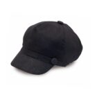 A black newsboy cap with a short, rounded brim and a buttoned band detail around the base. The cap has a textured fabric and a casual style.