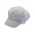 A light gray newsboy cap with a textured fabric, featuring a small button detail on the side. It has a curved brim and a classic, rounded shape.