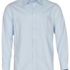 A light blue, long-sleeved dress shirt with a subtle vertical stripe pattern. The shirt has a pointed collar, button front, and a chest pocket on the left side.