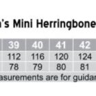 Size chart for a mens mini herringbone long sleeve shirt, model M7112. Sizes 38 to 50 listed. Chest measurements range from 108 to 156, and body length from 77 to 89. Regular fit noted. Measurements are for guidance only.