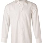 A white, long-sleeve, button-up dress shirt with a front pocket and a collar.