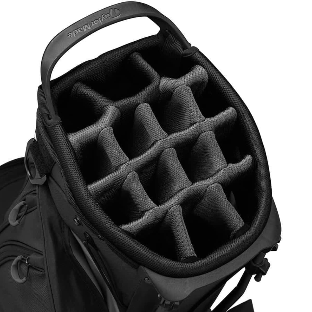 Top view of a black golf bag featuring a 14-slot divider to organize golf clubs. The bag has a sturdy handle and sleek design.