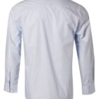Rear view of a light blue, long-sleeved dress shirt. The shirt features a classic collar and buttoned cuffs, with subtle vertical striping. Its displayed on a plain white background.
