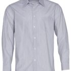A long-sleeved, light gray dress shirt with a subtle pinstripe pattern. It features a pointed collar, button-down front, and a chest pocket on the left side.