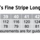 Size chart for Mens Fine Stripe Long Sleeve Shirt, Model M7212. Sizes 38 to 50 with chest measurements from 108 to 156 cm and body length from 77 to 89 cm. Regular fit. Measurements are for guidance only.