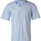 Light blue short-sleeve shirt with subtle white vertical stripes, featuring a collar, a front pocket, and white buttons. The shirt is displayed on a white background, emphasizing its neat and classic design.