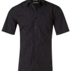 A black short-sleeve shirt with vertical white pinstripes. It features a folded collar and a button-down front.