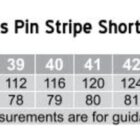 Size chart for Mens Pin Stripe Short Sleeve Shirt, style M7221. Lists chest and body length measurements for sizes 38 to 50. Regular fit. Measurements for chest range from 108 to 156, body length from 77 to 89.