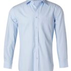 Light blue long-sleeve dress shirt with a subtle vertical striped pattern, featuring a pointed collar, button closure, and a chest pocket. The shirt is displayed against a white background.