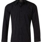 Black button-up shirt with white vertical pinstripes and a collar, displayed on a plain white background. The shirt has long sleeves and a classic tailored fit.