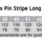 Size chart for mens pinstripe long sleeve shirt M7222. Sizes range from 38 to 50. Chest measurements: 108-156 cm. Body length: 77-89 cm. Regular fit. Measurements are for guidance only.
