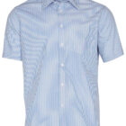 A short-sleeved, button-up shirt with light blue and white vertical stripes. It has a front pocket on the left side and a classic collar.