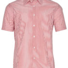 A red and white vertically striped short-sleeve button-up shirt with a collar. The shirt also features a small pocket on the left chest.