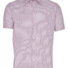 A short-sleeve, collared shirt with a pattern of thin red and white vertical stripes. It has a front pocket on the left side and is buttoned down the middle.