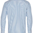 Back view of a light blue and white striped dress shirt. It has long sleeves, buttoned cuffs, and a traditional collar. The pattern consists of thin vertical stripes.