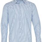 Blue and white striped mens dress shirt with long sleeves, button-down front, and a classic collar.