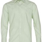 A light green, long-sleeved button-up shirt with a subtle vertical pinstripe pattern. It features a classic collar and white buttons down the front, with the cuffs also buttoned. The shirt is displayed against a white background.