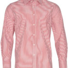 A red and white vertically striped long-sleeve dress shirt with a collar and button-down front.