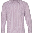 A long-sleeved mens dress shirt with a pattern of thin red and white vertical stripes. The shirt features a collar and button-up front.