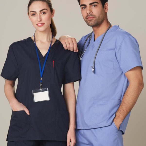 Two healthcare professionals wearing scrubs stand together. The woman is in dark scrubs with a name badge, and the man is in light blue scrubs with a stethoscope around his neck. Both are looking at the camera against a plain background.