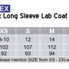 Size chart for a unisex long sleeve lab coat, model M7632, ranging from XS to 2XL. Includes ladies size reference, chest measurements from 102 to 127 cm, and body length from 92 to 97 cm. Regular fit.
