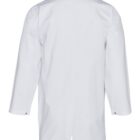 Rear view of a long-sleeved white lab coat. The coat features a collar and two side slits at the bottom. The fabric appears to be smooth and the sleeves have buttons at the cuffs.